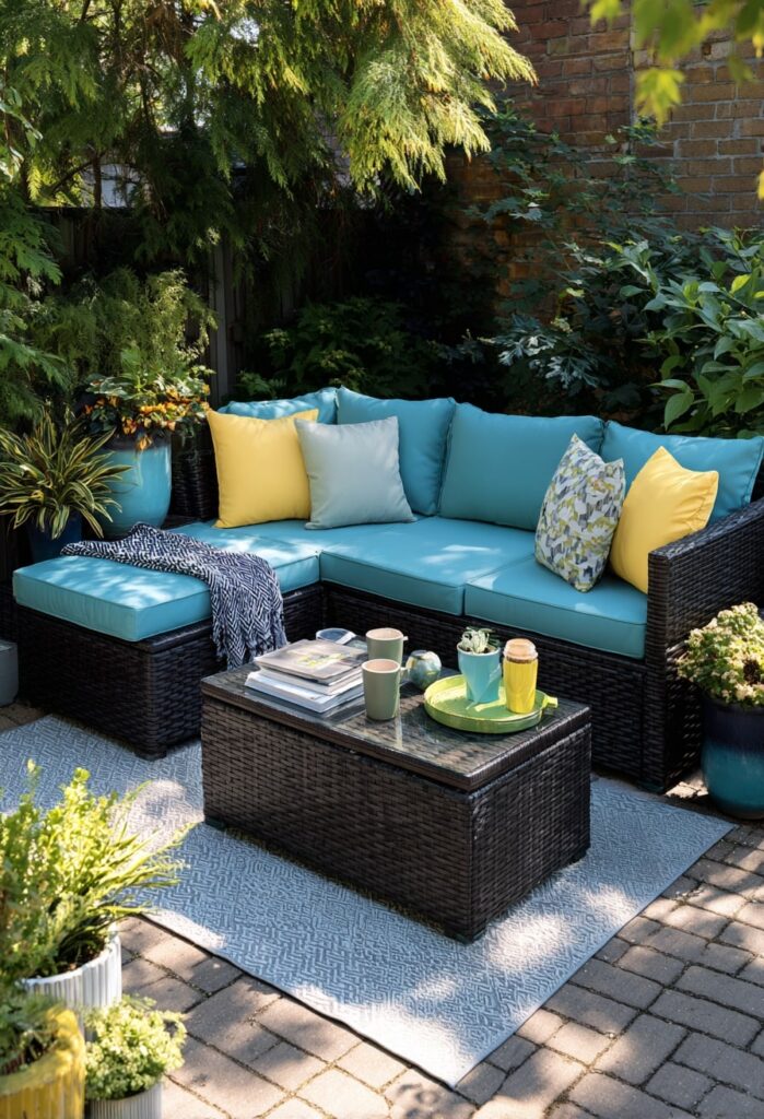 18. Wicker Corner Sofa with Colorful Cushions