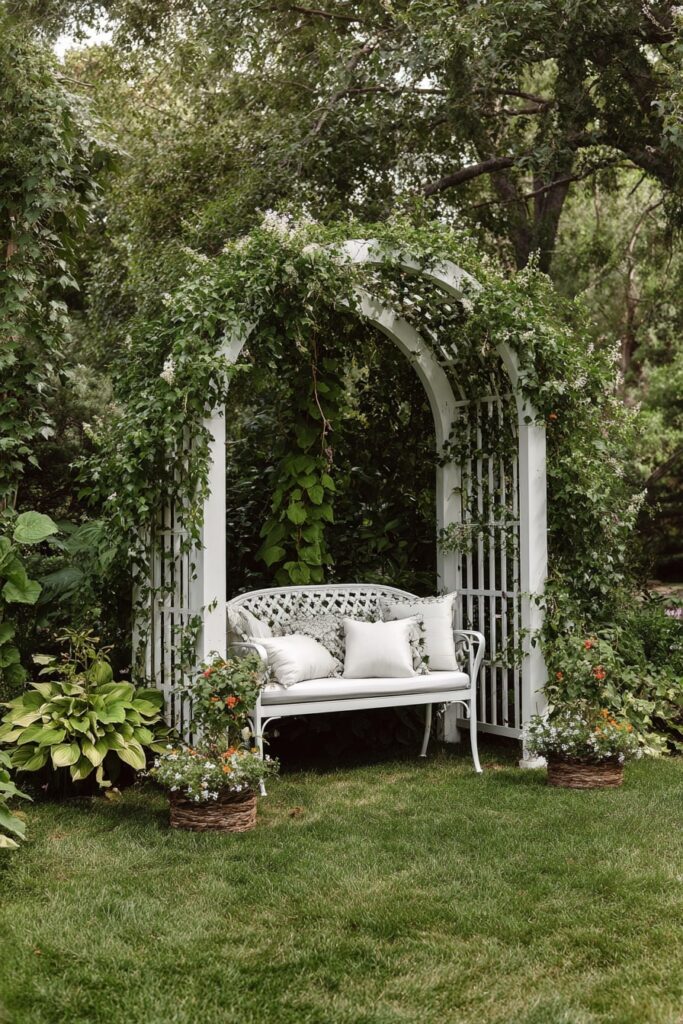 Romantic Garden Arch Bench with Cushions and Vines