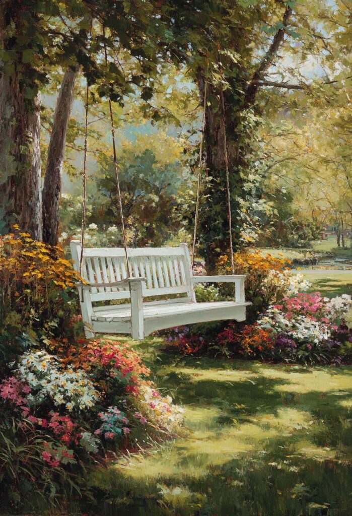 17. White Wooden Swing Bench Between the Trees