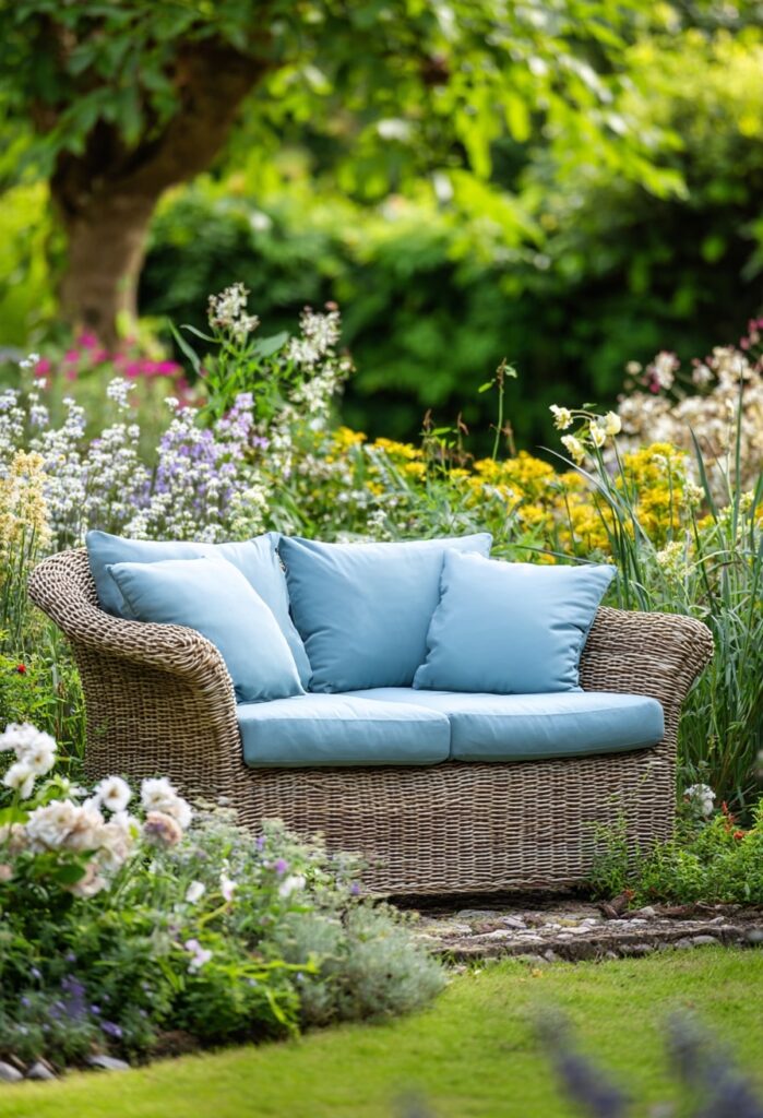 5. Wicker Sofa with Sky Blue Cushions