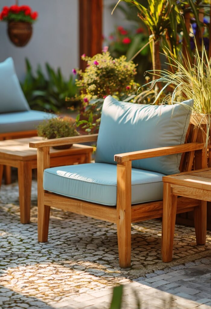 11. Wooden Armchair with Light Blue Cushions