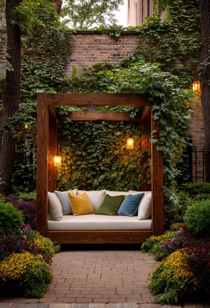 9. Wooden Garden Daybed Under a Pergola Frame