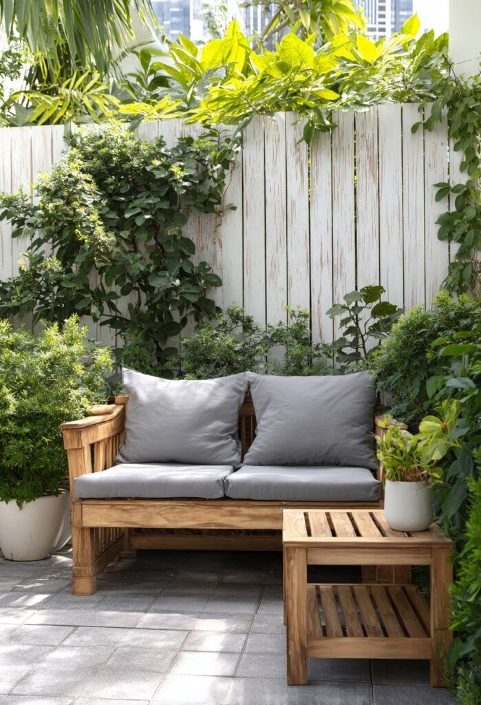 8. Wooden Loveseat with Soft Gray Cushions