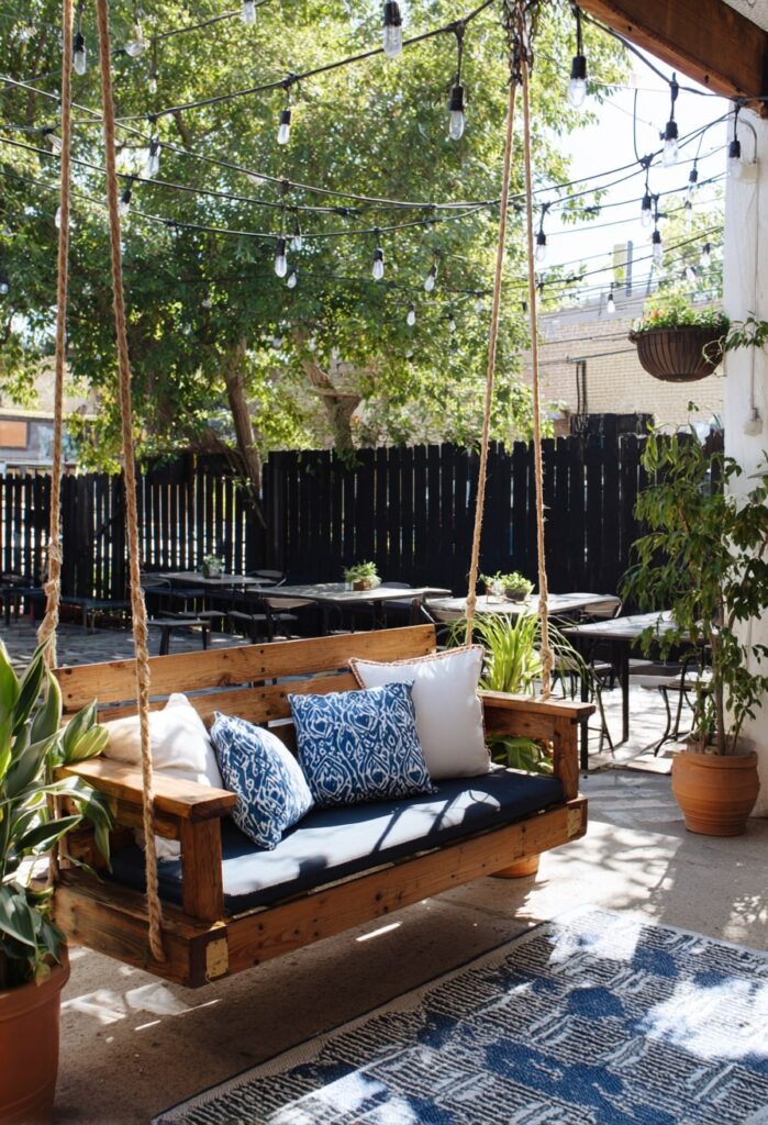 14. Wooden Porch Swing with Blue Cushions