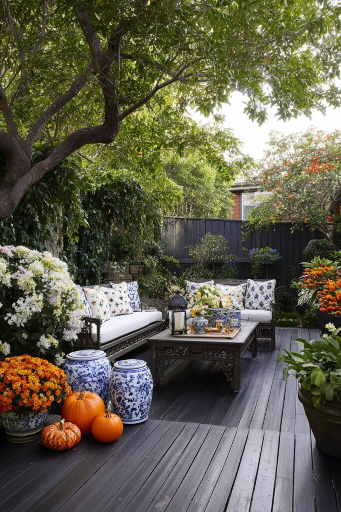 9. Floral Garden Patio with Black Decking Charm