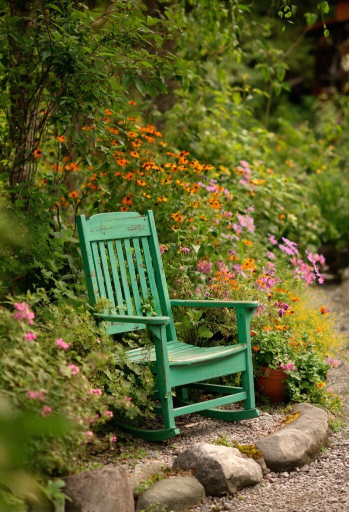 12. Weathered Green Rocking Chair Among Wildflowers