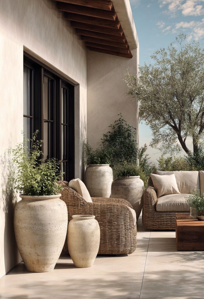 18. Japandi Patio with Wicker Textures and Earthy Planters