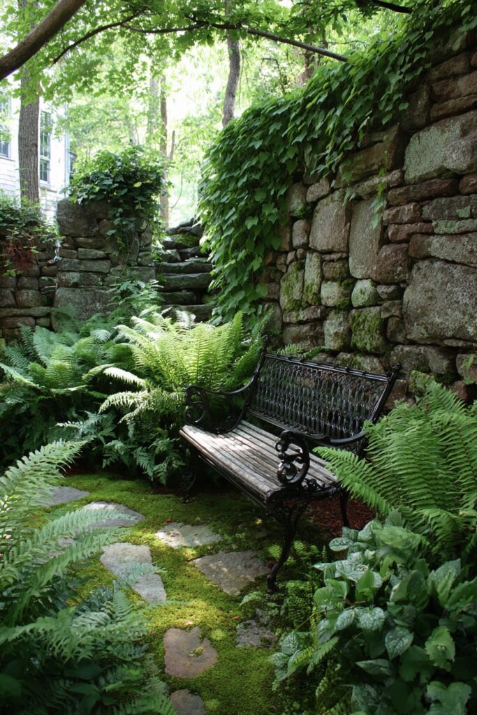 Fern-Filled Garden with a Vintage Iron Bench