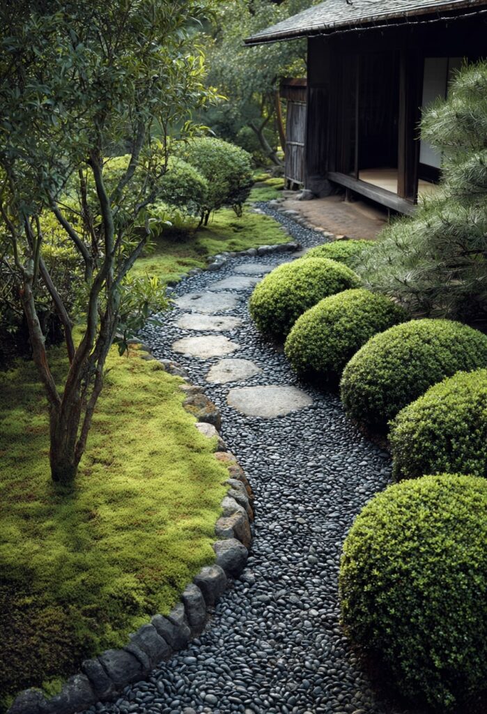 17. Curved Stone Path with Moss and Green Topiary