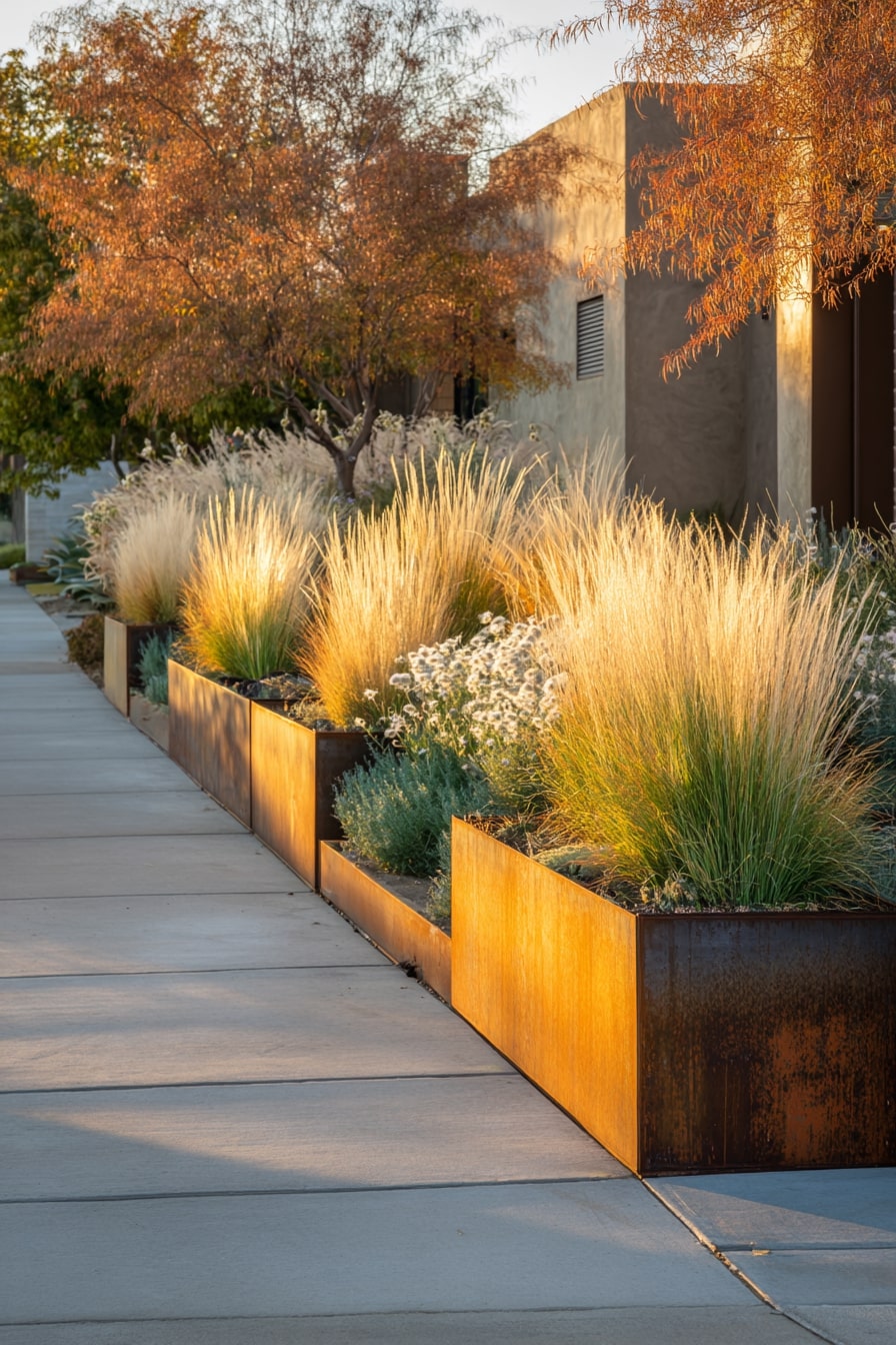 22) Contemporary Copper-Edged Flower Bed Design