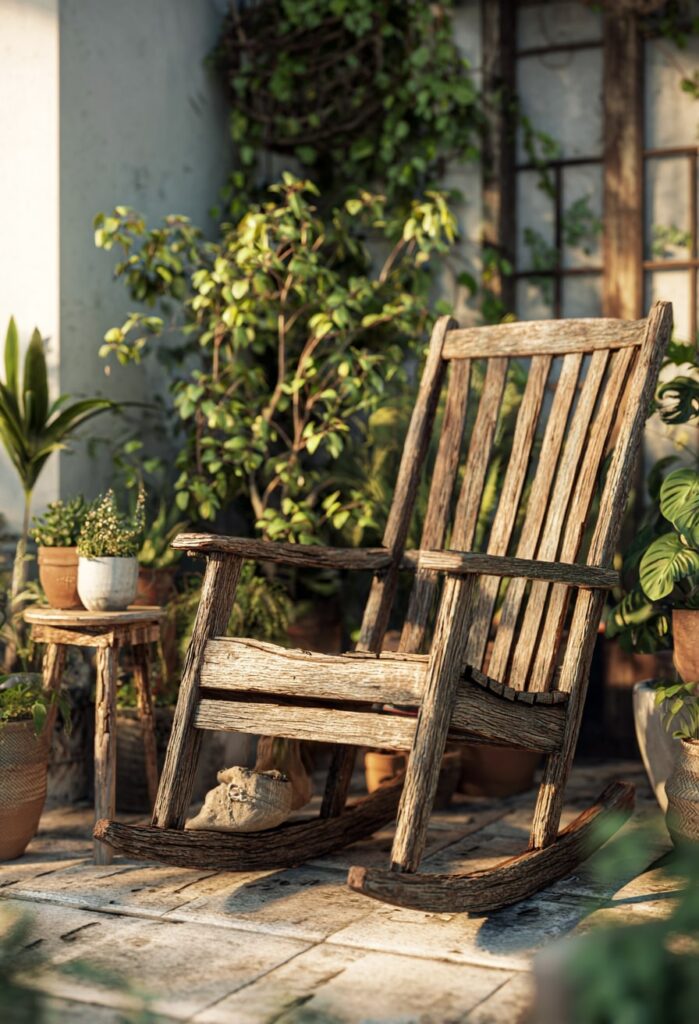 9. Rustic Wooden Rocking Chair Corner