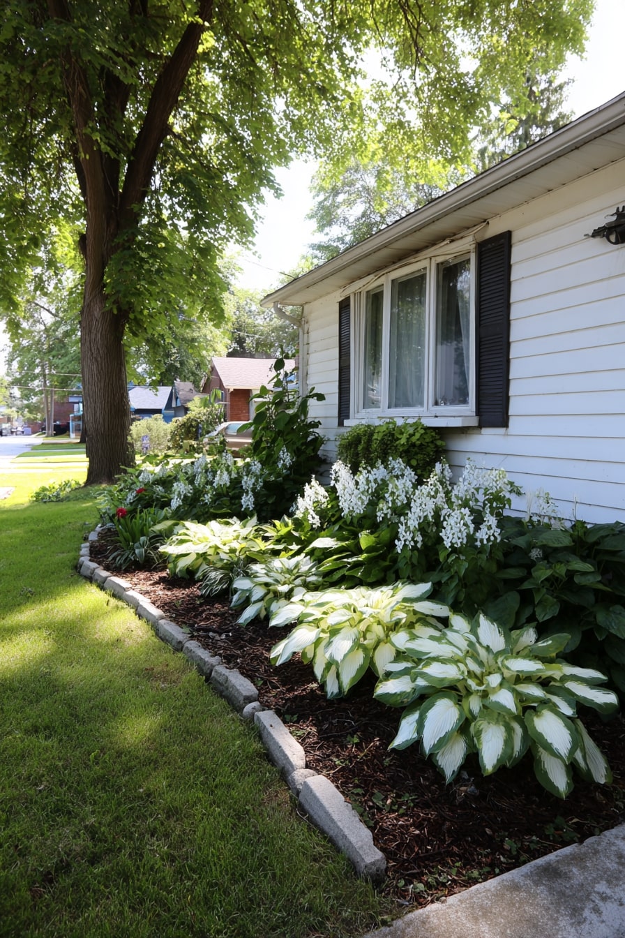21) Curved Stone Edging with Lush Hostas