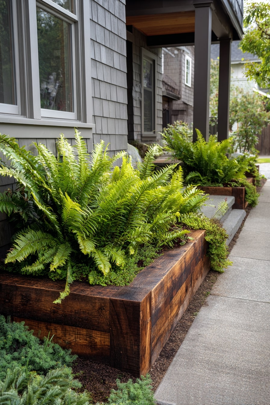 7) Natural Wood Edging with Lush Ferns