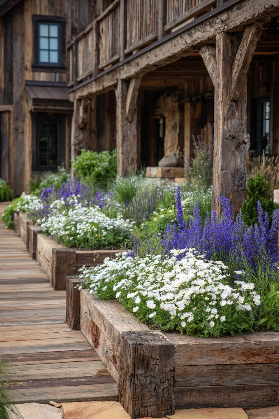 15) Rustic Wooden Edging with Daisies