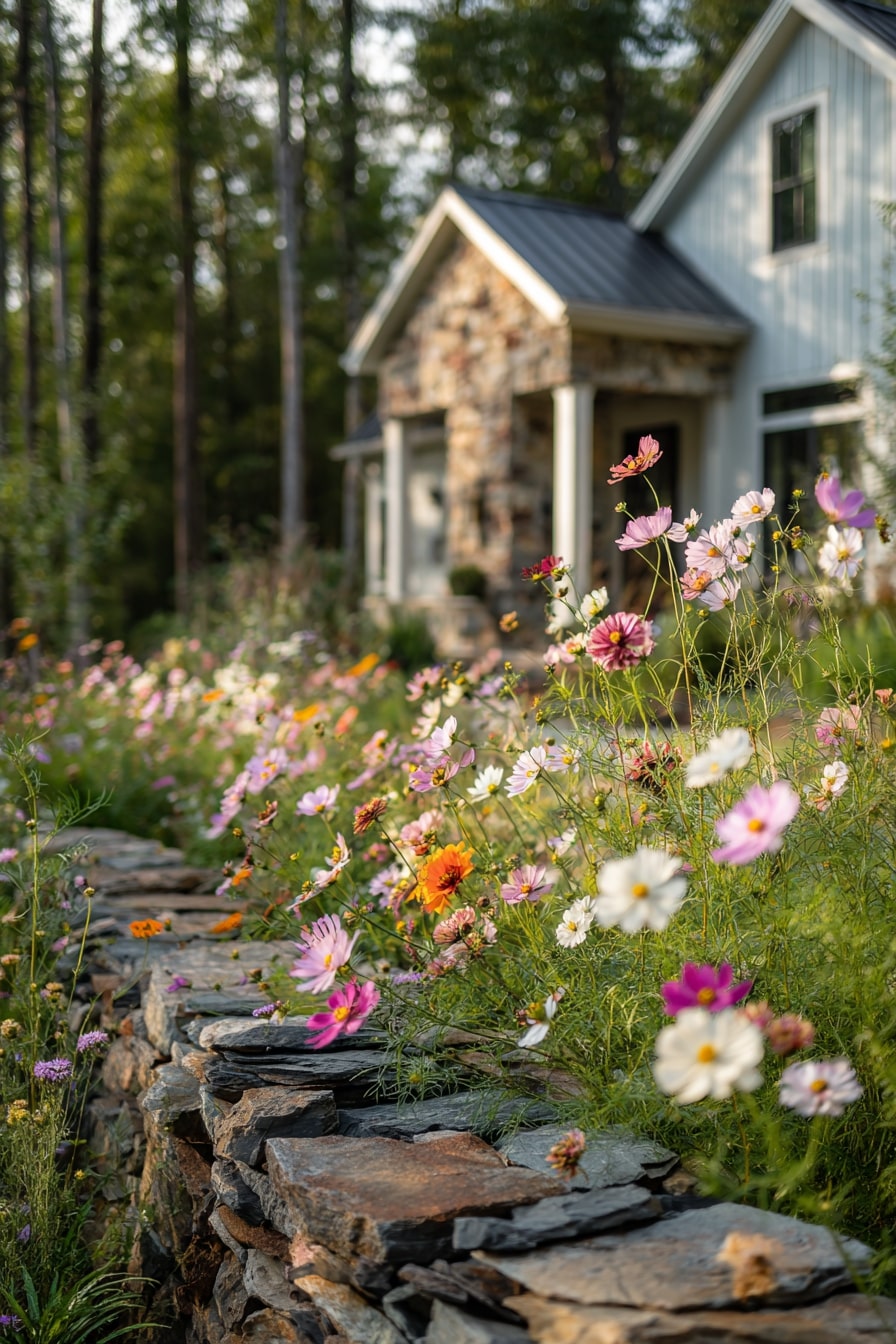 14) Rustic Stone Edging with Colorful Zinnias