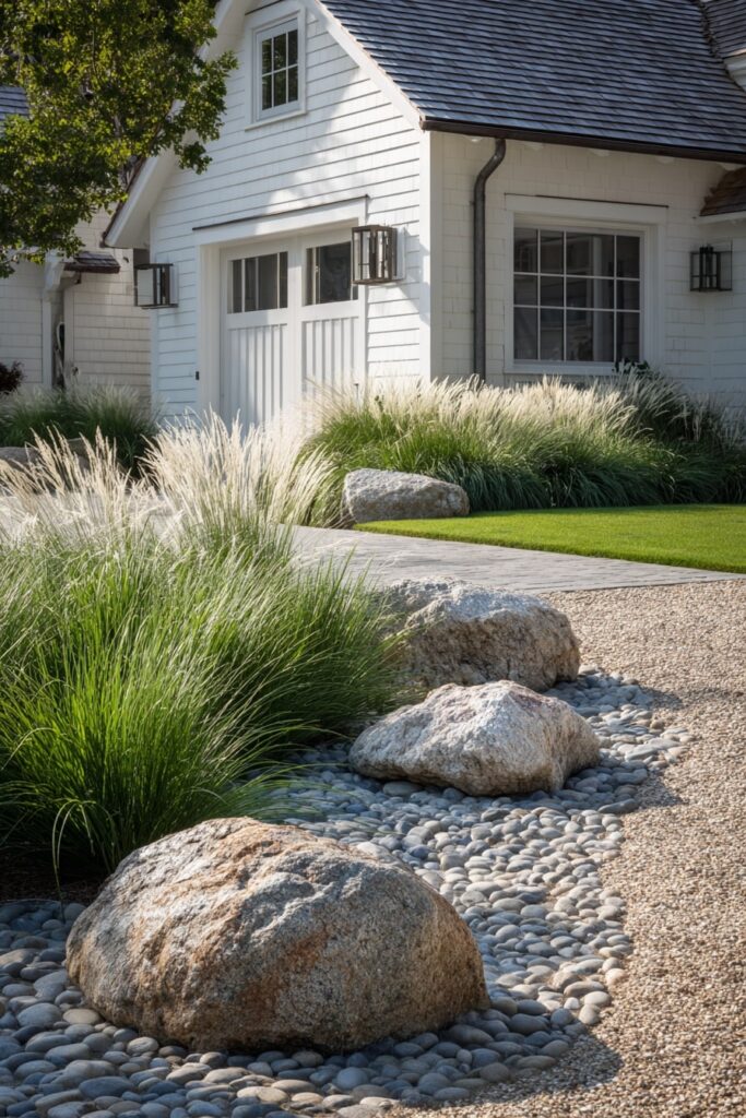 7. Clean Coastal Look with Pebbles and Grasses