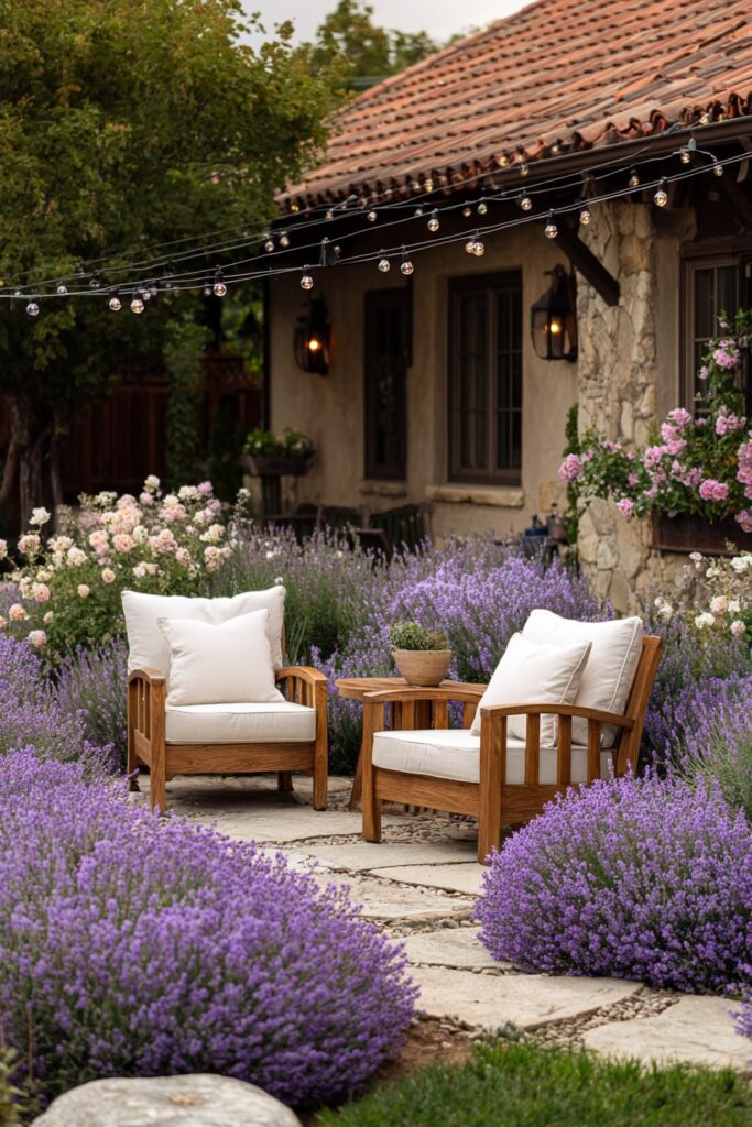 7. Lavender-Lined Patio with Wooden Lounge Chairs