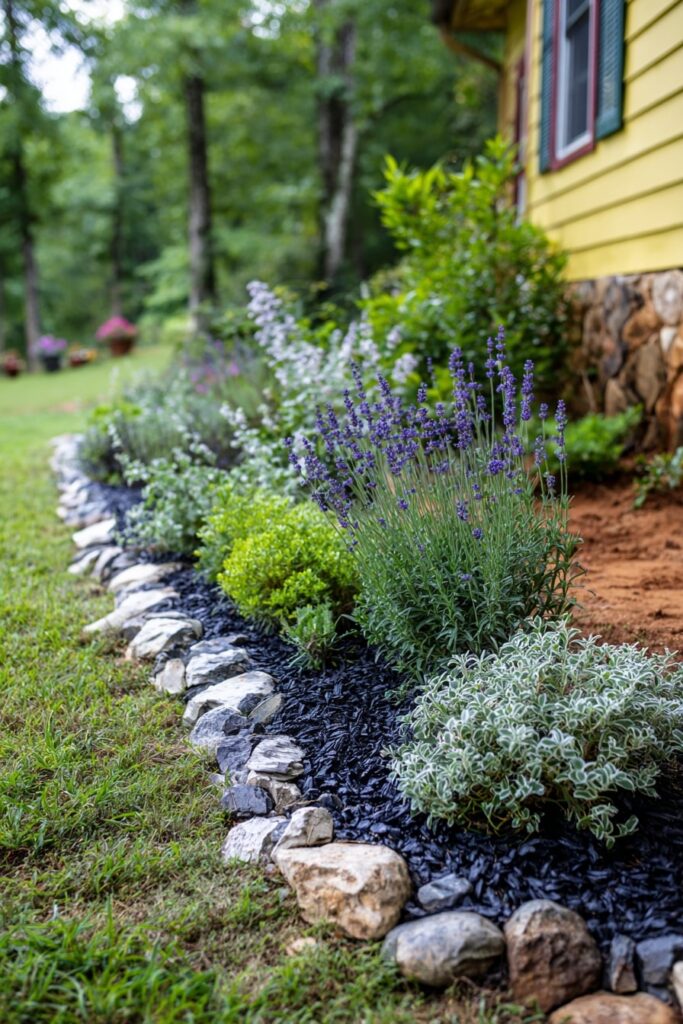 15. Curved Rock Edge with Bold Black Bark Mulch