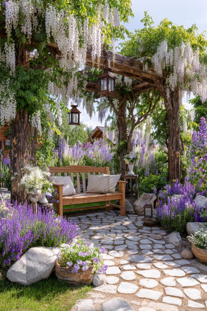 9. Wisteria-Covered Pergola with Cottage Bench