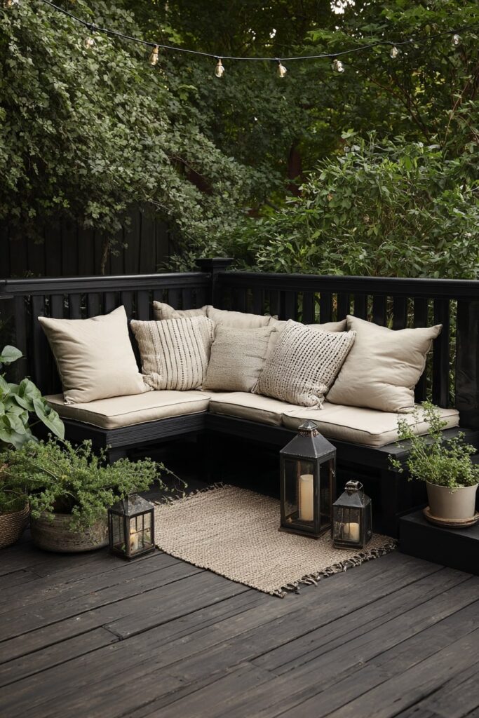 19. Cozy Black Decking Corner with String Lights