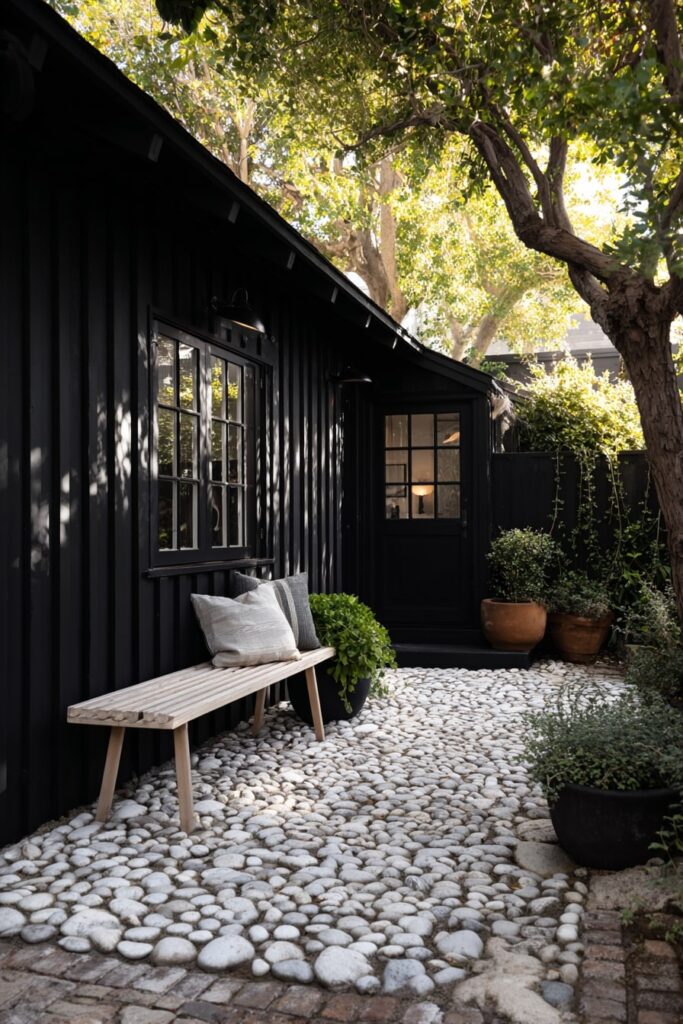 Modern Bench with Pebble Patio Charm