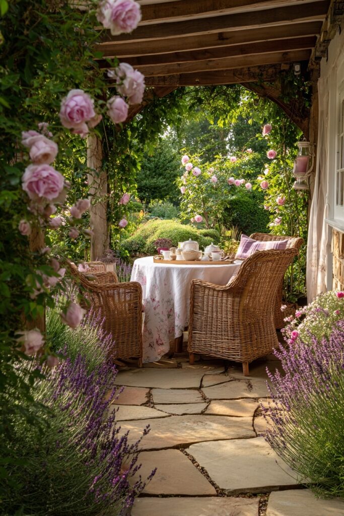 12. Shaded Garden Tea Patio with Wicker Chairs