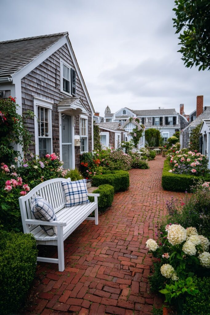 8. Coastal Cottage Path with Crisp White Bench