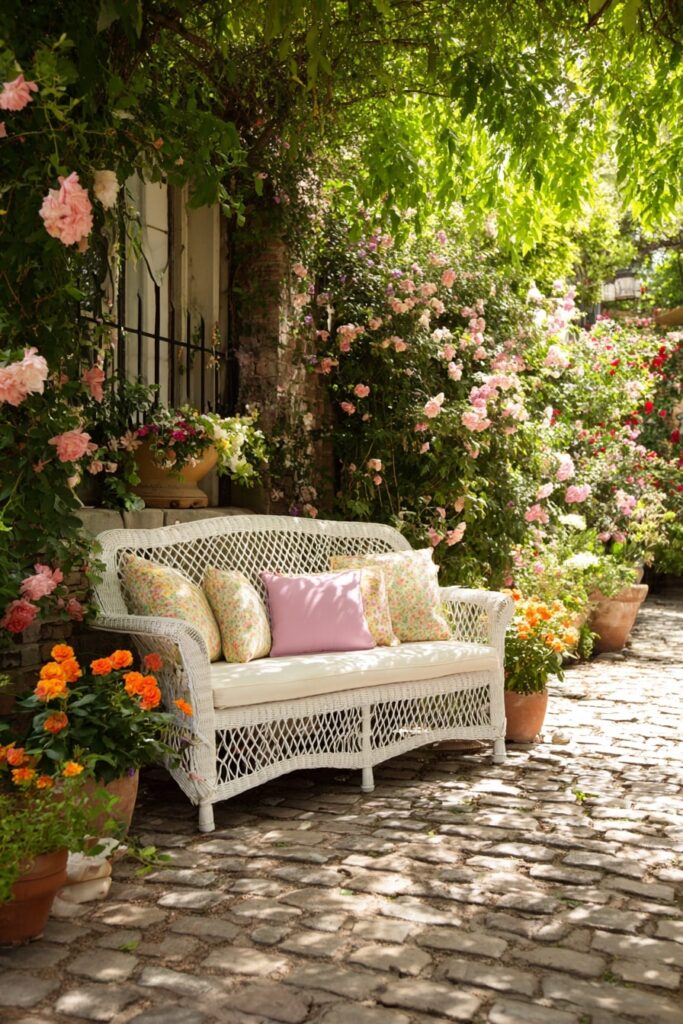 11. Rose-Covered Patio with White Wicker Seating