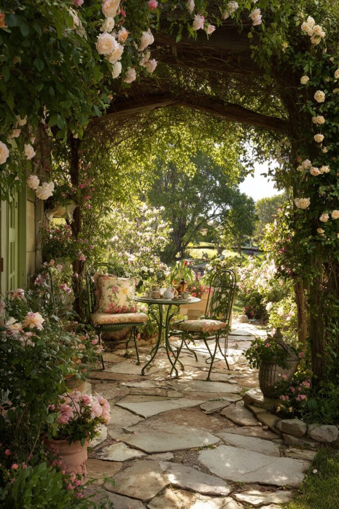 17. Rose-Covered Garden Nook with Vintage Iron Bistro Set