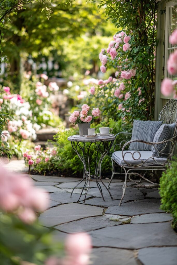 13. Romantic Rose Patio with Vintage Bistro Seating