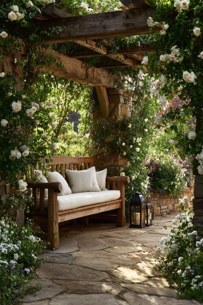14. Rustic Stone Patio with Rose-Covered Pergola