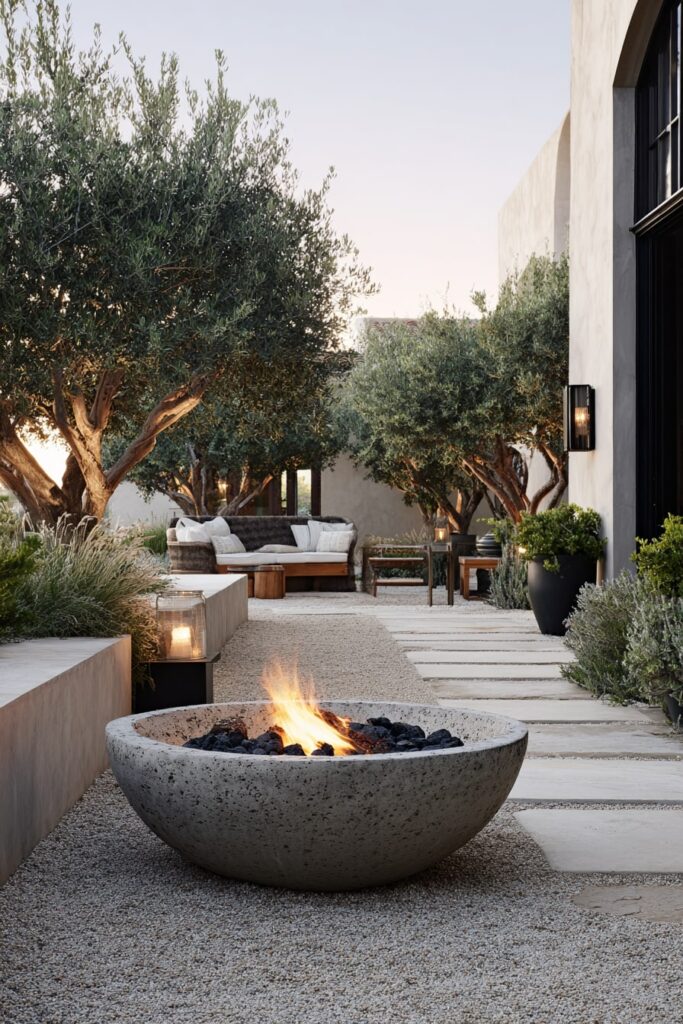 4. Rustic Concrete Fire Bowl in Mediterranean Garden