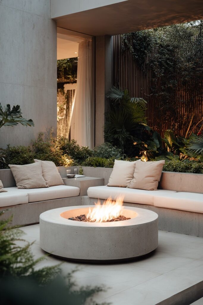 12. Round Concrete Fire Pit in a Minimal Courtyard