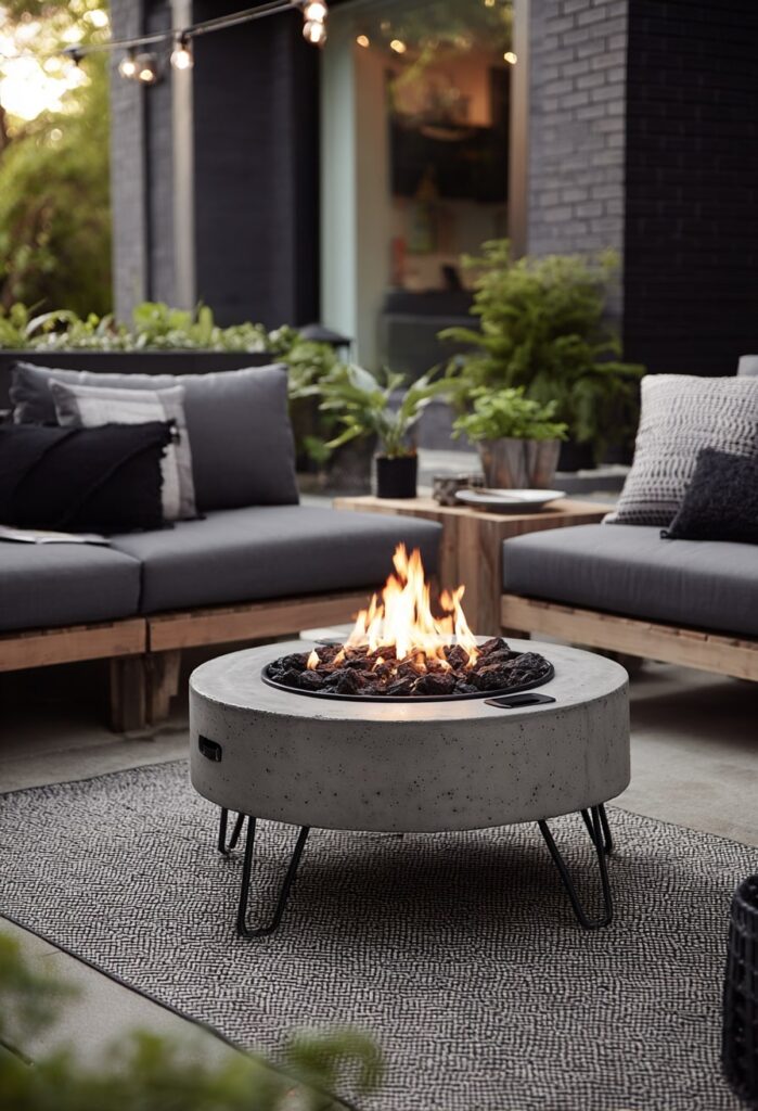 18. Round Concrete Fire Pit with Metal Legs for a Cozy Patio