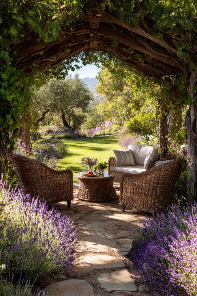 15. Lavender-Lined Lounge Under a Wooden Arch