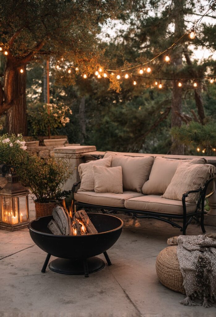 16. Romantic Patio Fire Pit with Lantern Glow