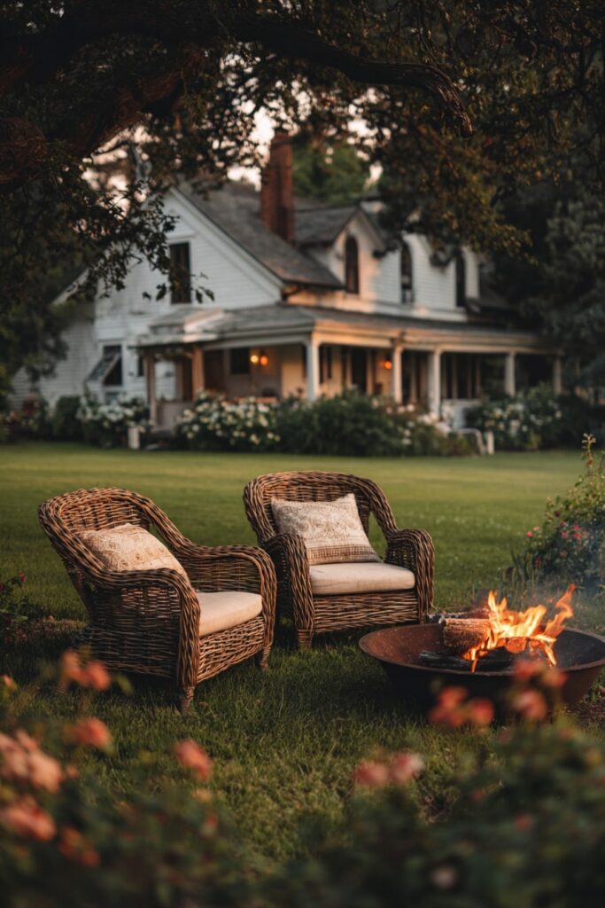 Backyard Fire Pit with Wicker Comfort and Porch Views