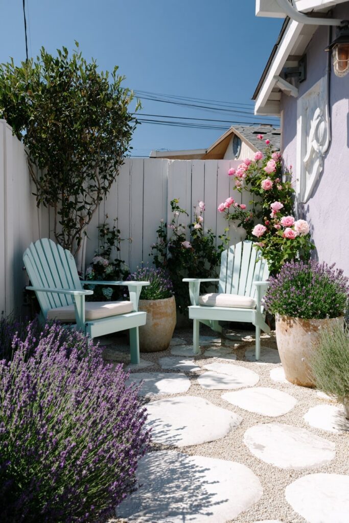 18. Sunlit Corner Patio with Mint Adirondack Chairs