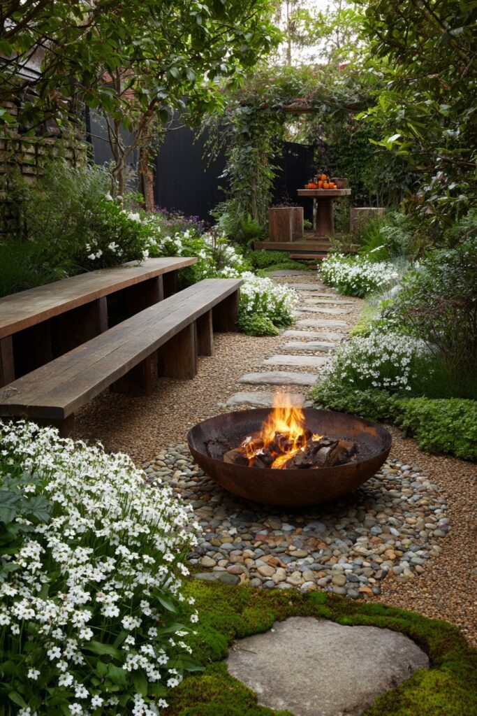 Garden Path Fire Pit with Rustic Benches