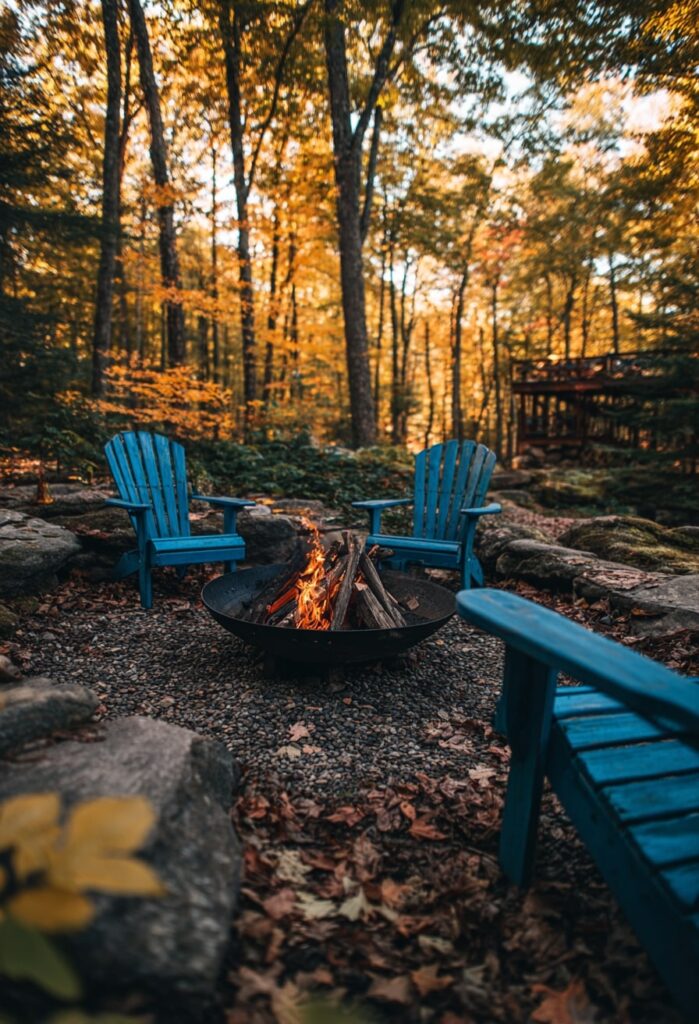 13. Woodland Fire Pit with Blue Adirondack Chairs