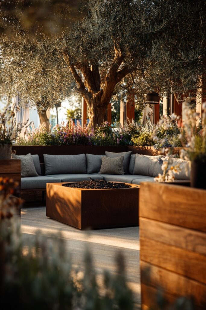 Garden-Lounge Fire Pit Under Olive Trees