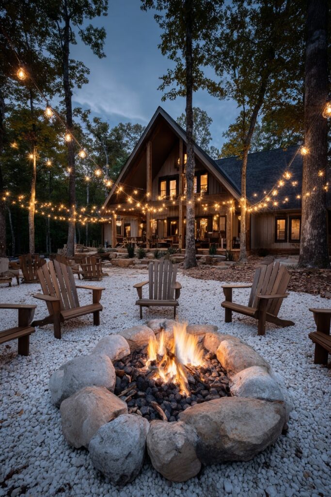 5. Cozy Woodland Fire Pit with String Lights Glow