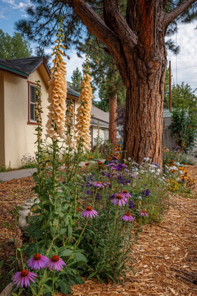 7. Bark Border with Wildflowers and Tall Foxgloves