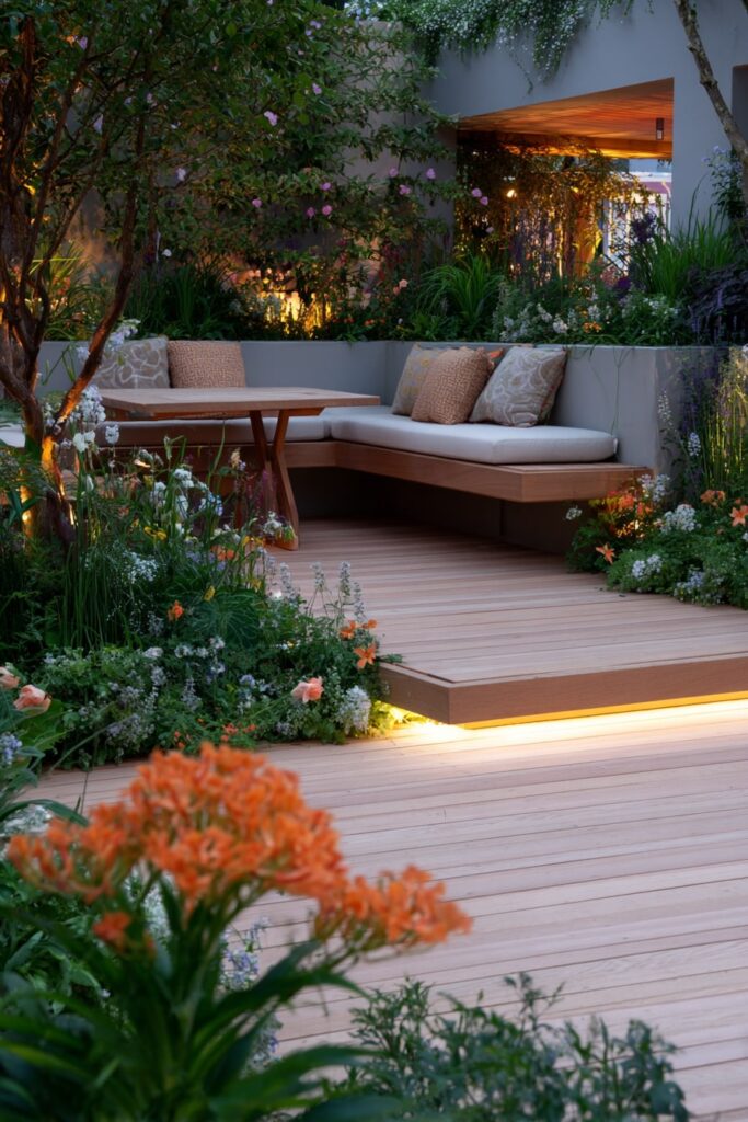 12. Warm Garden Corner Decking with Soft Lighting