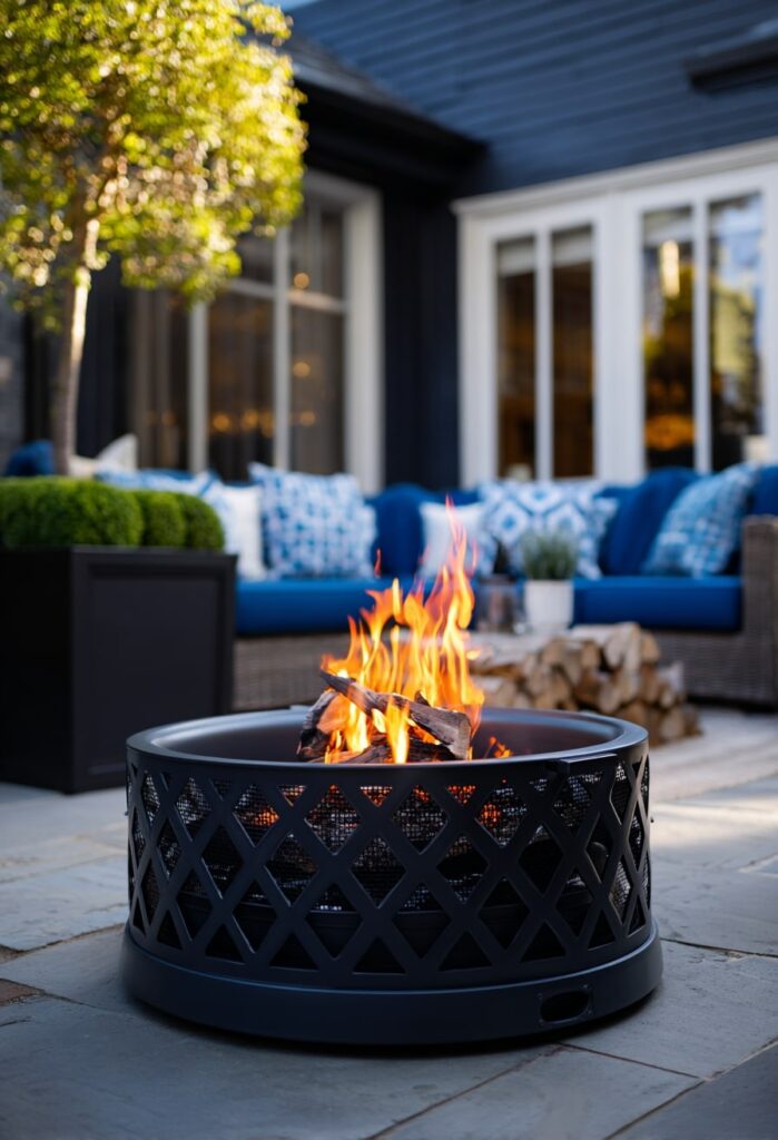 9. Lattice Metal Fire Pit on a Stylish Patio