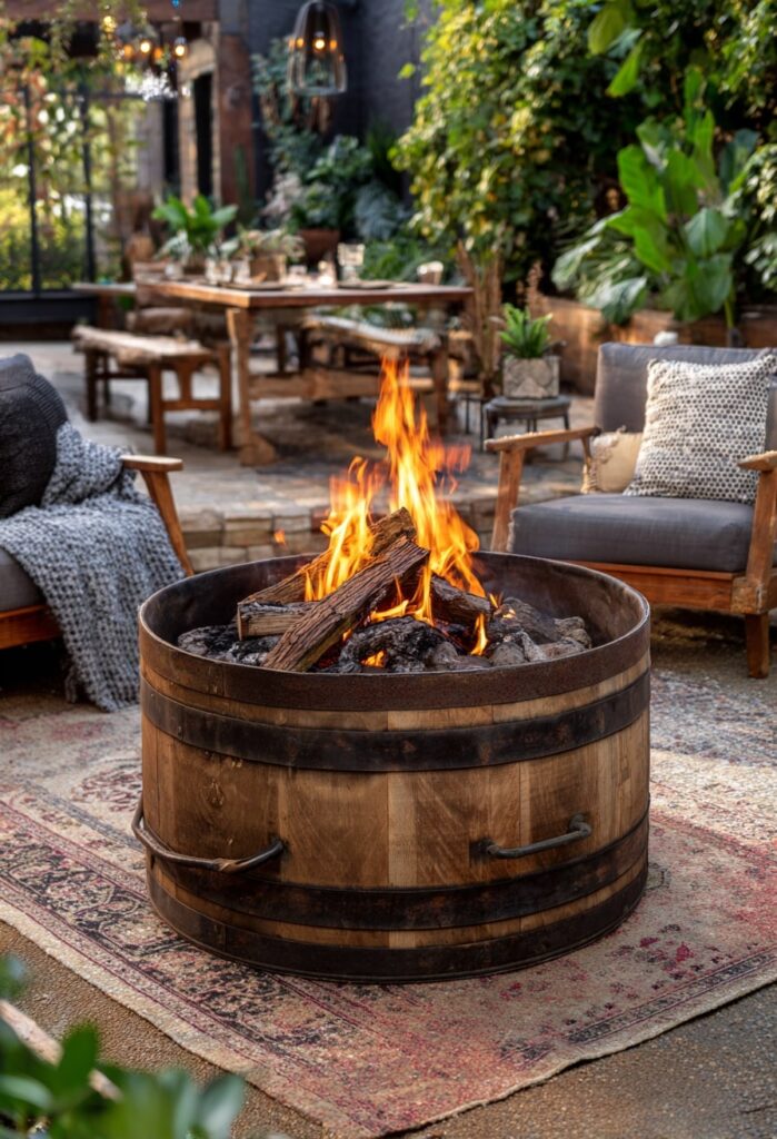 Barrel-Inspired Fire Pit on a Rugged Patio