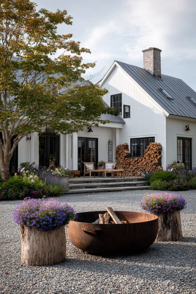 Rustic Bowl Fire Pit on a Cottage Gravel Courtyard