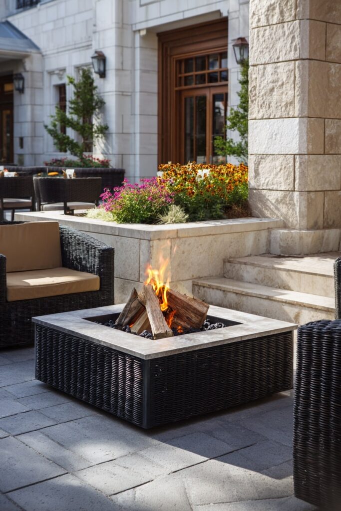 Wicker-Framed Fire Pit on a Courtyard Patio