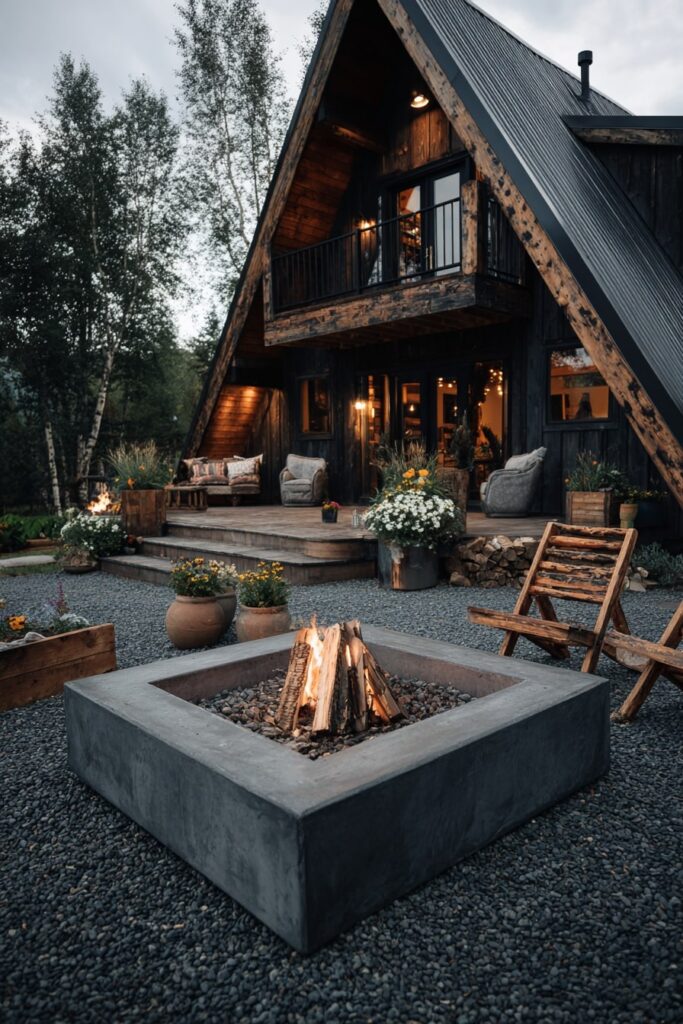 Modern Square Fire Pit Beside a Cozy A-Frame Cabin