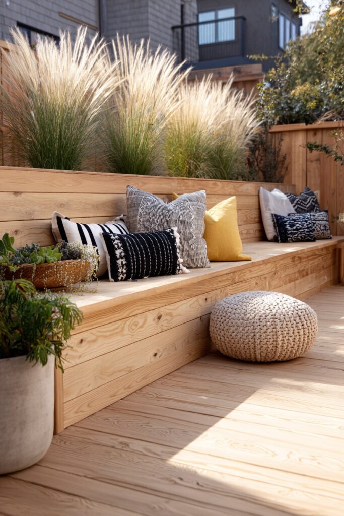 14. Light Wood Decking with Built-In Bench Charm